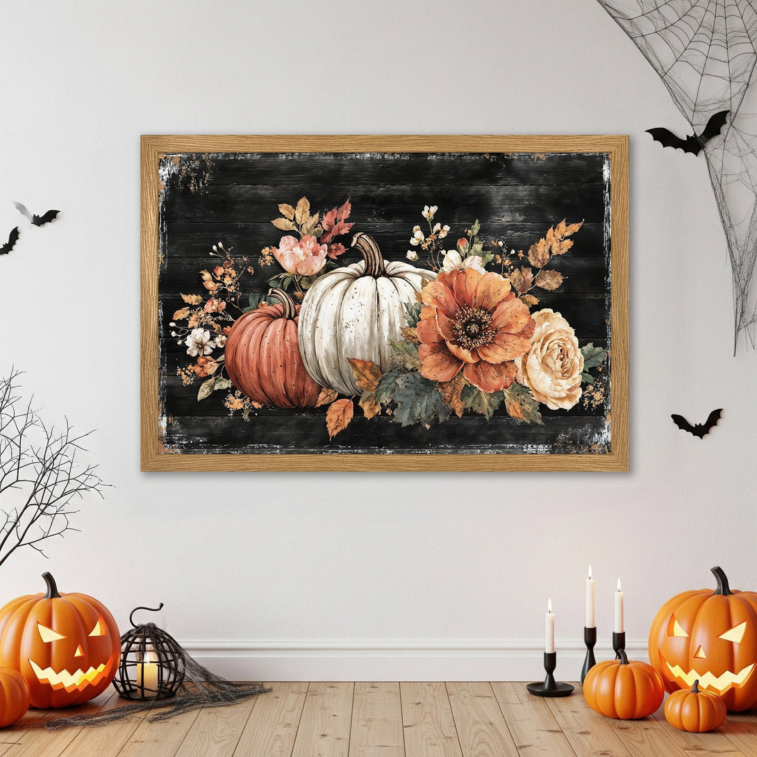 Framed Poster featuring pumpkins & flowers on a black background. Autumnal style with orange, white, and brown color palette. Perfect fall decor!