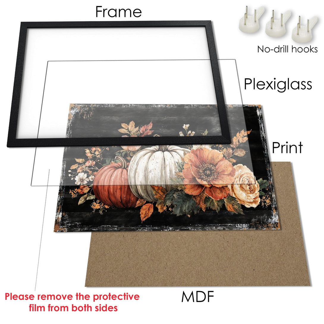 Framed Poster with pumpkins & fall florals. Rustic style, warm orange & black color palette. Perfect autumn decor!