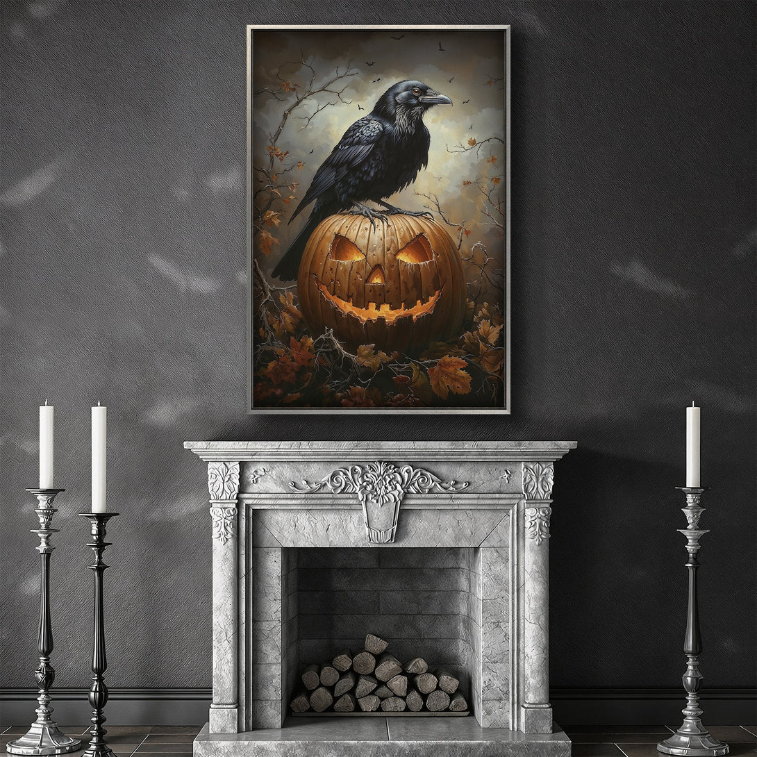 Framed Wall Art: Spooky raven perched on a jack-o'-lantern. Gothic style, rich autumn color palette. Perfect Halloween decor!