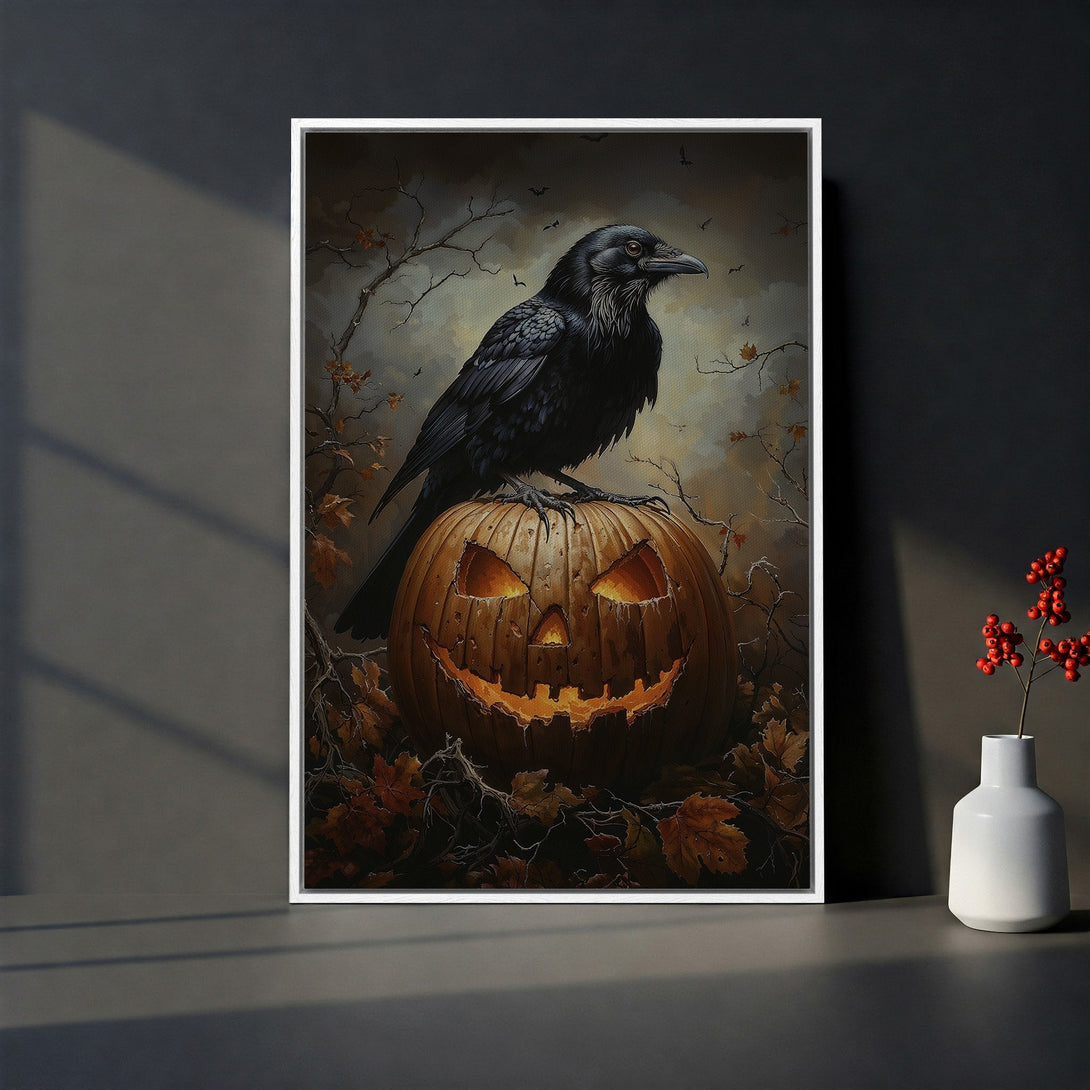 Framed Wall Art: Spooky Halloween scene with raven on pumpkin. Dark, moody color palette with orange, brown, and black tones. Perfect for fall decor.