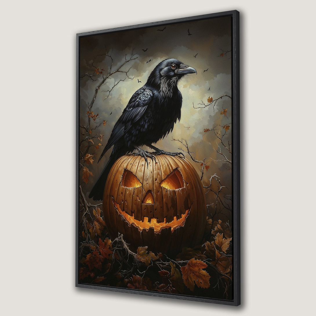 Framed Wall Art: Spooky Halloween canvas print featuring a raven on a jack-o'-lantern. Dark, moody color palette with orange, brown, and black tones. Perfect for fall decor!