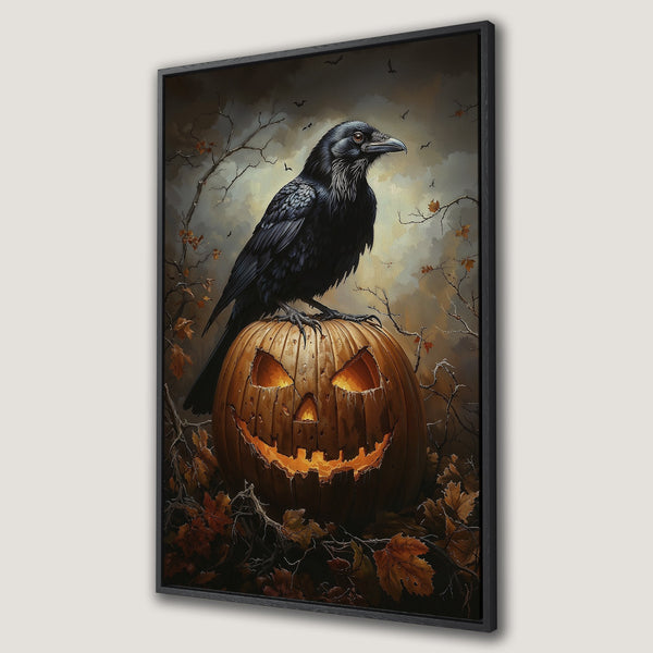 Framed Wall Art: Spooky Halloween canvas print featuring a raven on a jack-o'-lantern. Dark, moody color palette with orange, brown, and black tones. Perfect for fall decor!