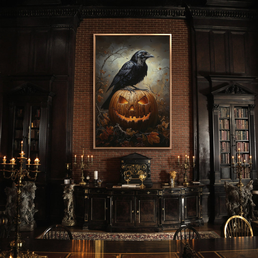 Framed Wall Art: Spooky Halloween scene with a raven on a jack-o'-lantern. Dark, moody color palette with hints of orange and gold, perfect for a gothic interior.