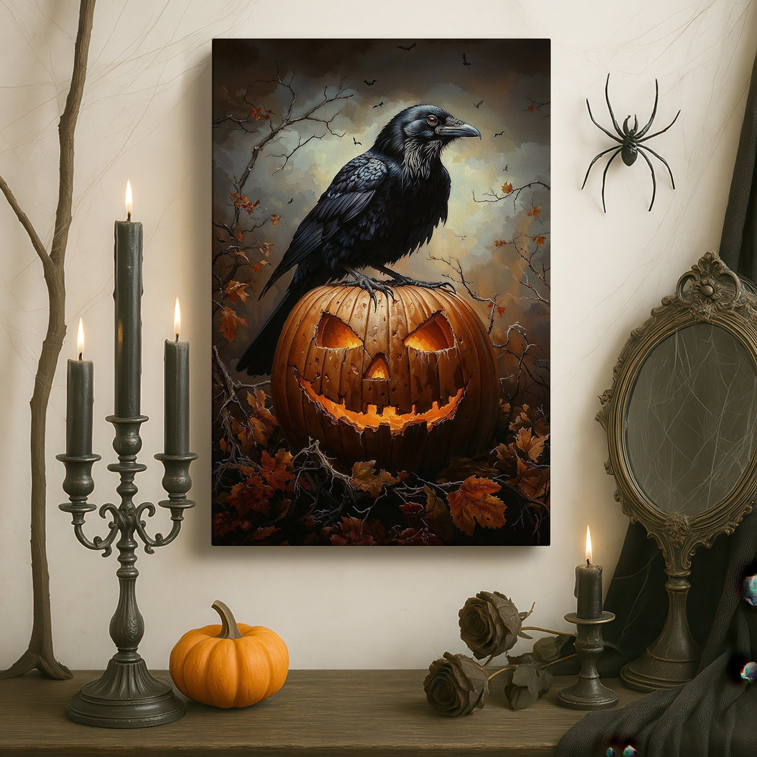 Framed Wall Art: Spooky raven perched on a jack-o'-lantern. Gothic style with a dark, autumnal color palette. Perfect Halloween decor for your home.