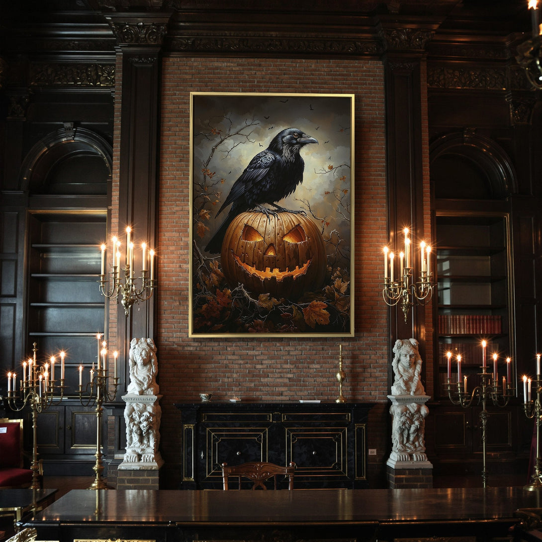 Canvas Print: Spooky Halloween art featuring a raven on a jack-o'-lantern. Dark, moody color palette with orange, black, and brown tones. Perfect for fall decor.