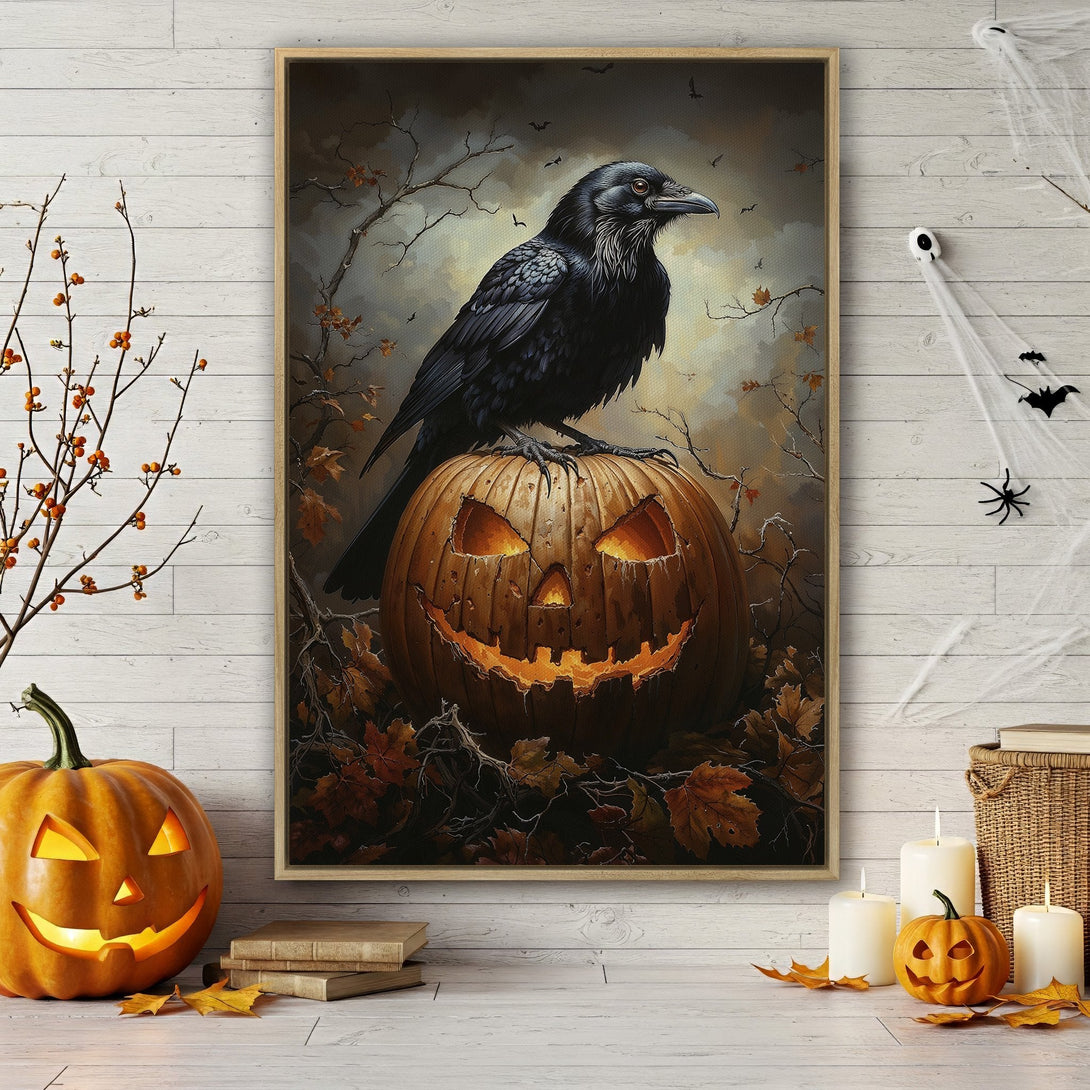 Framed Wall Art: Spooky Halloween raven perched on a jack-o'-lantern. Dark, moody color palette with orange, brown, and black tones. Perfect for fall decor.