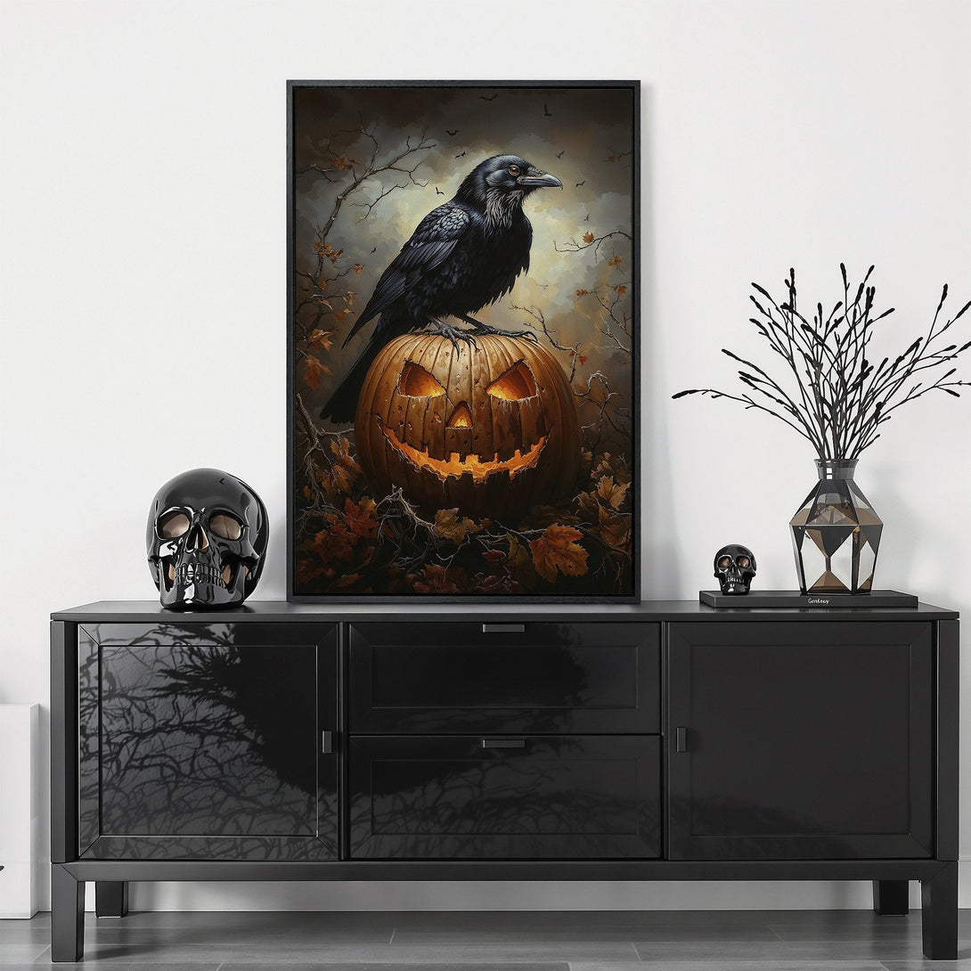 Framed Wall Art: Spooky Halloween canvas print of a raven on a pumpkin, featuring a dark, moody color palette. Perfect for adding a gothic touch to your decor.