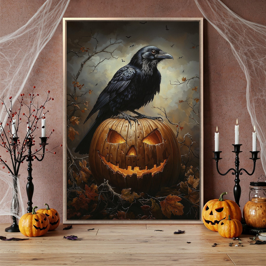 Framed Wall Art: Spooky Halloween raven perched on a jack-o'-lantern. Dark, moody color palette with orange, brown, and black. Perfect fall decor!
