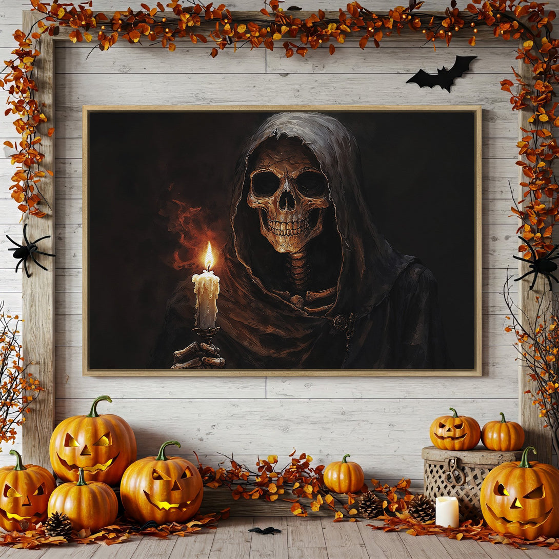 Framed Wall Art: Spooky Halloween canvas print of a skeleton holding a candle. Dark, moody color palette with orange and brown accents.