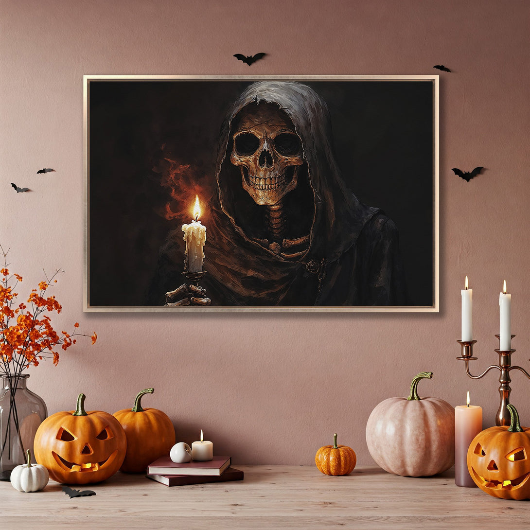 Framed Wall Art: Spooky skeleton holding a candle. Dark, gothic style with warm, autumnal color palette. Perfect Halloween decor.