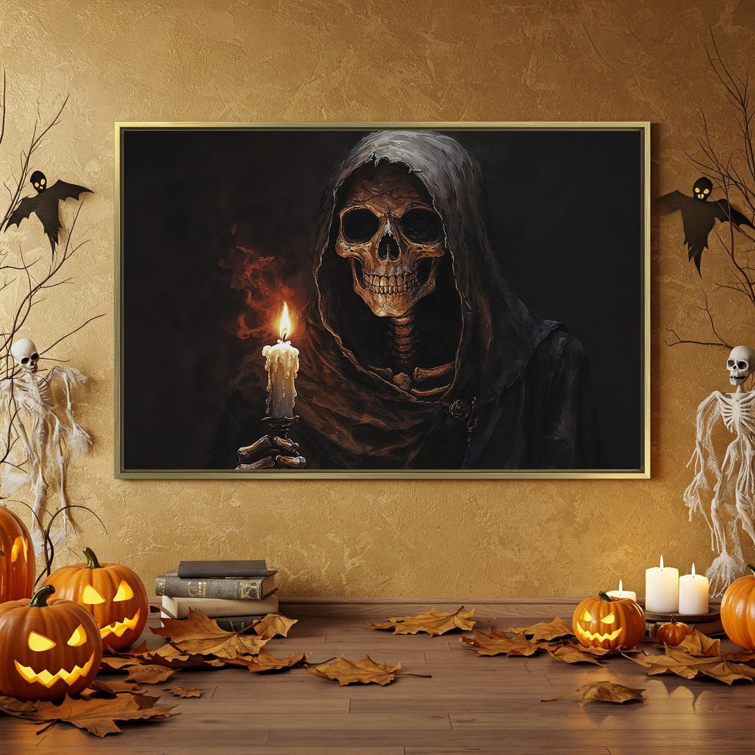 Canvas Print: Spooky Halloween art featuring a skull in a dark, moody scene. Rich, dark color palette with orange and black accents. Perfect for seasonal decor.