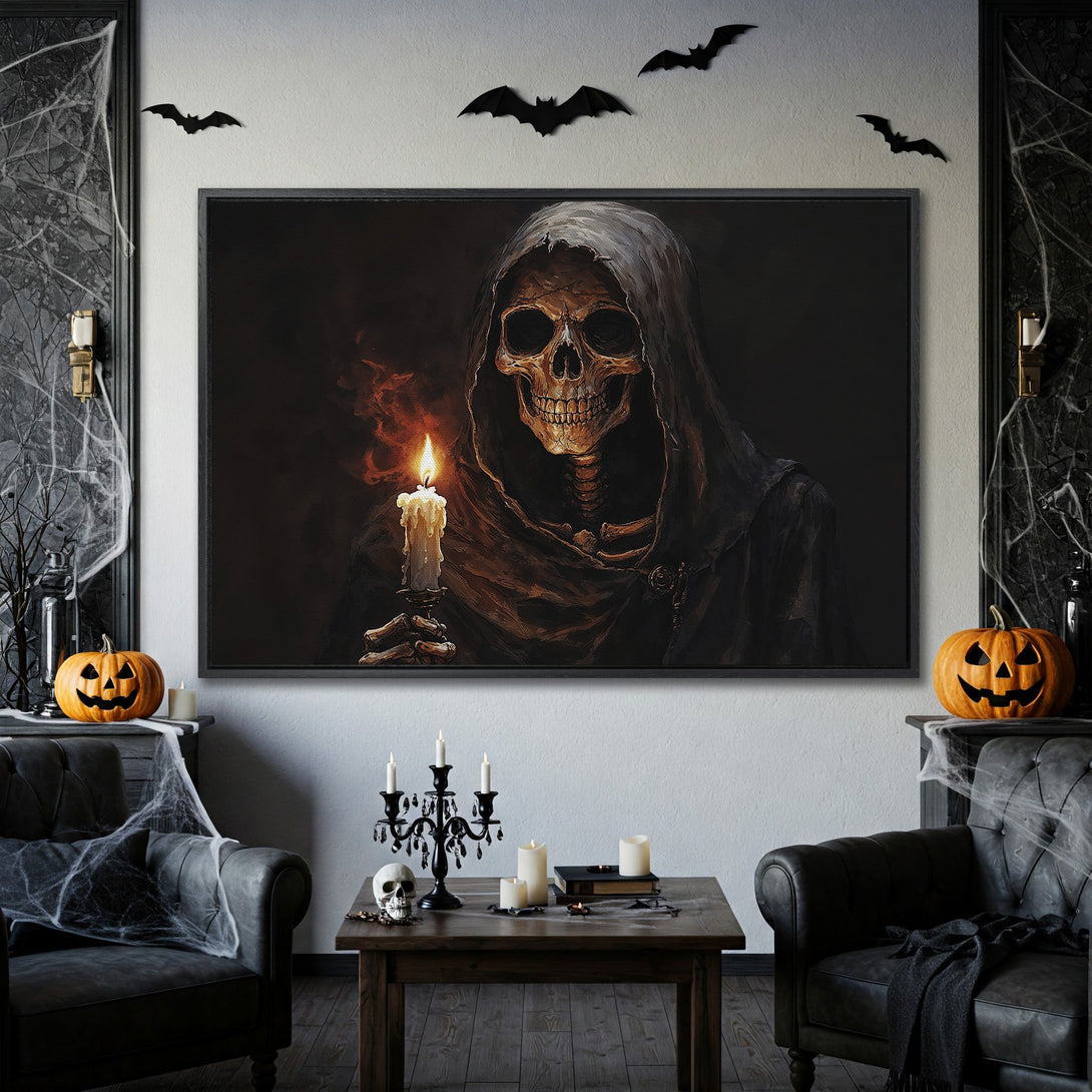 Framed Wall Art: Spooky skull art in dark, moody tones. Perfect Halloween decor for a chilling atmosphere. Canvas Print with a gothic vibe.