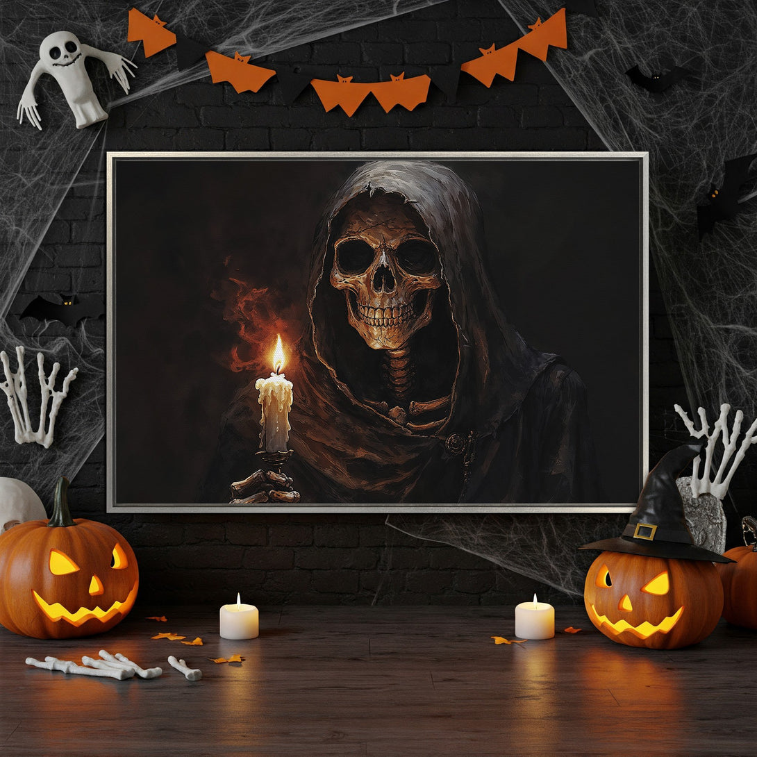 Framed Wall Art featuring a spooky skeleton with a candle, displayed in a Halloween-themed interior with orange and black accents. Perfect for Halloween decor!