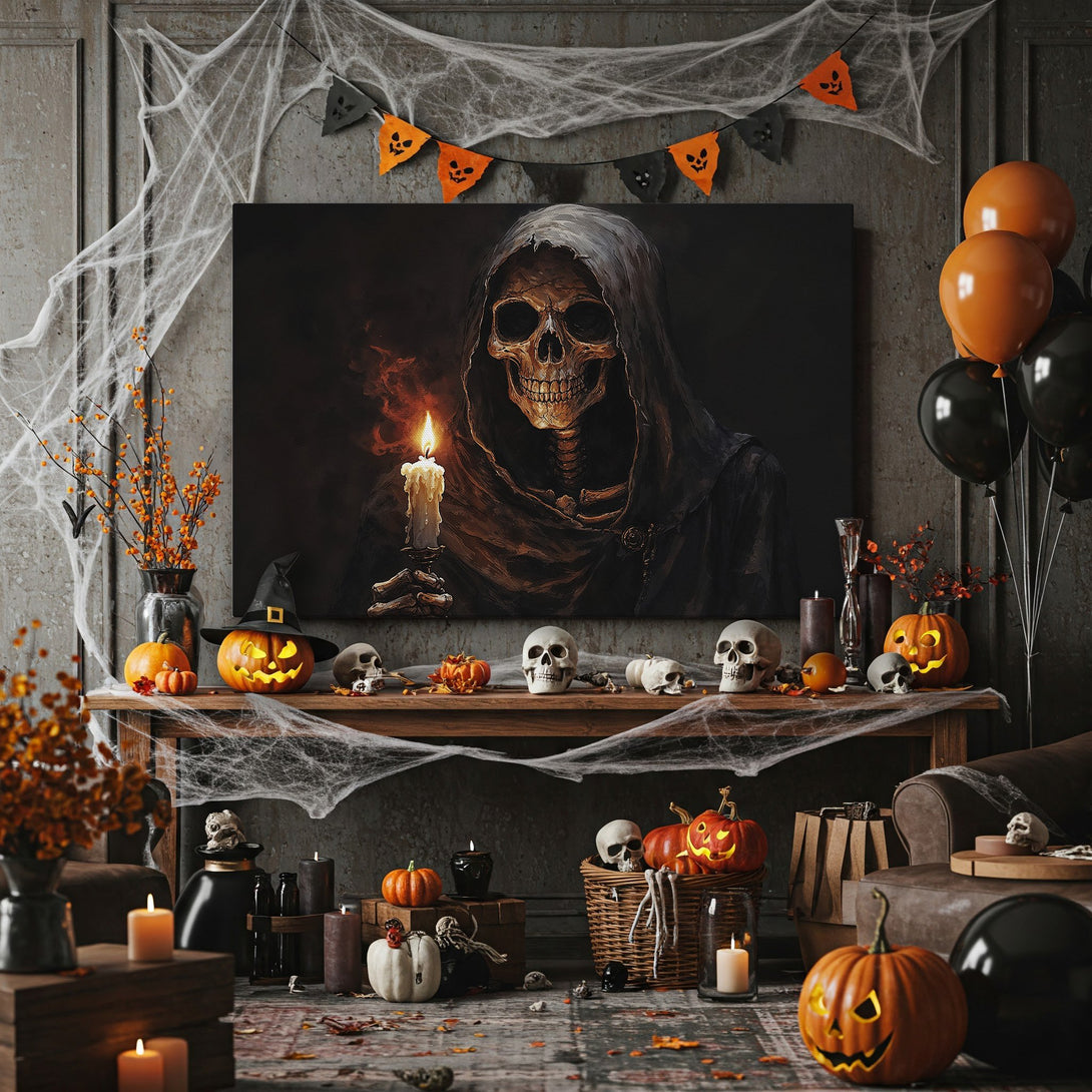 Framed Wall Art: Spooky Halloween canvas print featuring a skull with a candle. Dark, gothic style with warm, autumnal color palette. Perfect for Halloween decor.
