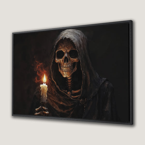Framed Wall Art featuring a skeletal figure holding a candle. Dark, gothic style with a warm, earthy color palette. Perfect for Halloween decor.