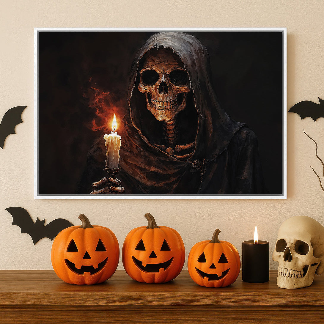 Framed Wall Art: Spooky skeleton with candle, dark & moody color palette. Perfect Halloween decor! Add a touch of eerie elegance to your space.