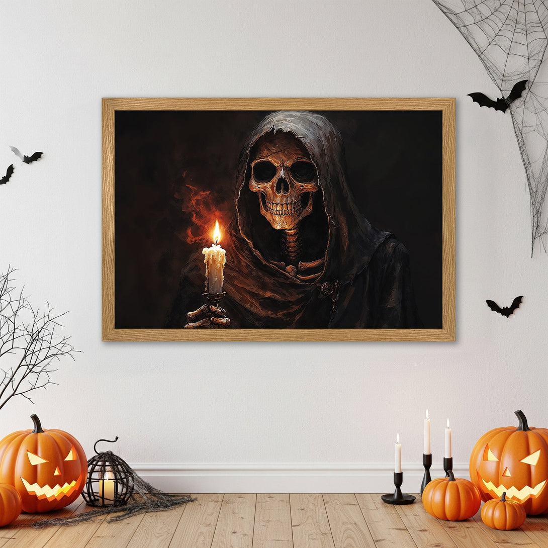 Framed Poster featuring a spooky skeleton with candle, dark and orange color palette, perfect for Halloween decor.