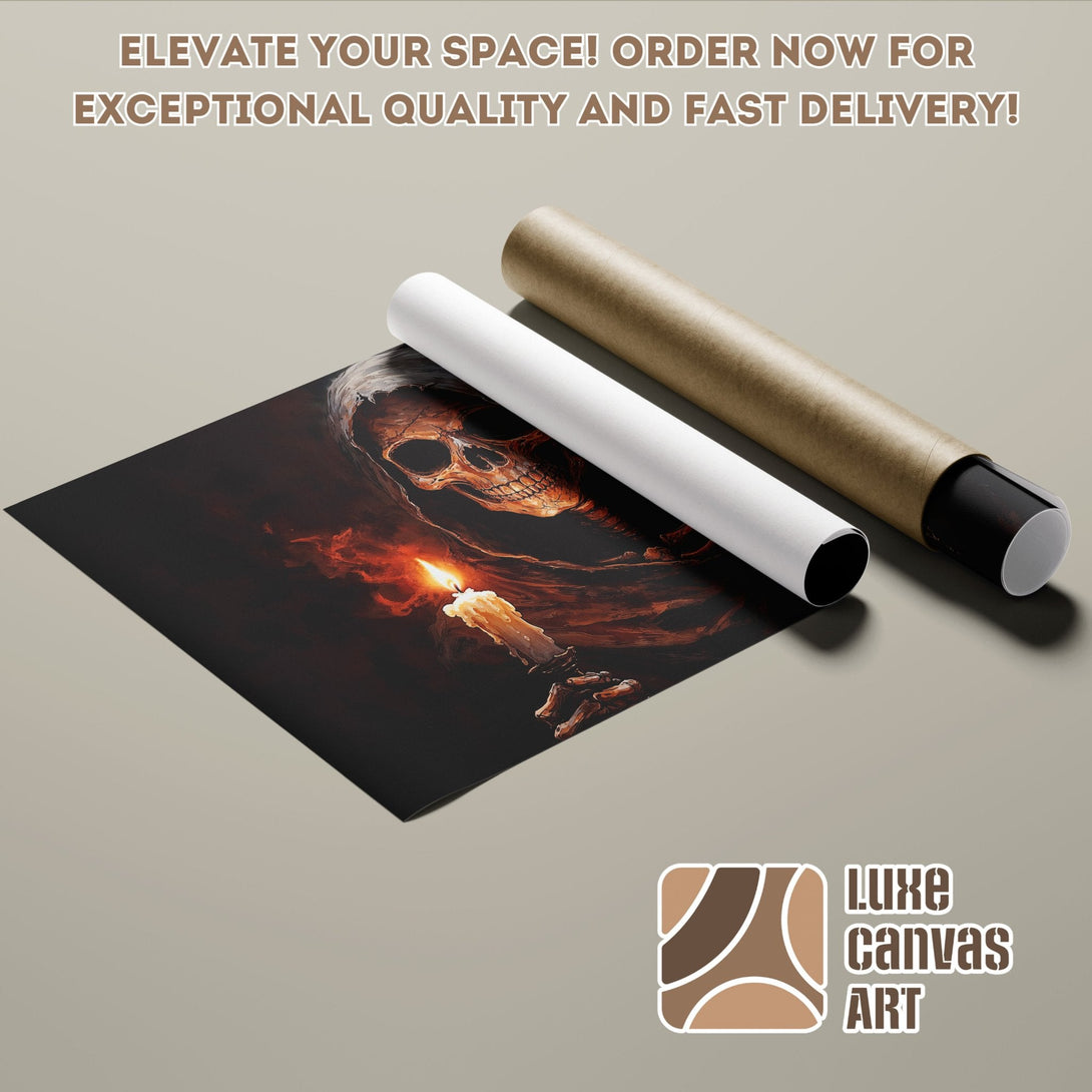 Gothic style Poster Roll with skull and candle art, dark red and black color palette. Elevate your space!