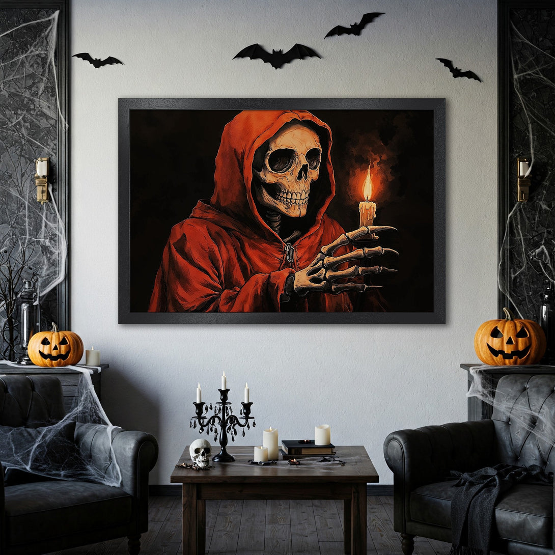 Framed Poster featuring a skeleton in a red robe holding a candle. Dark, spooky art with a Halloween theme and warm color palette. Perfect for your home decor.