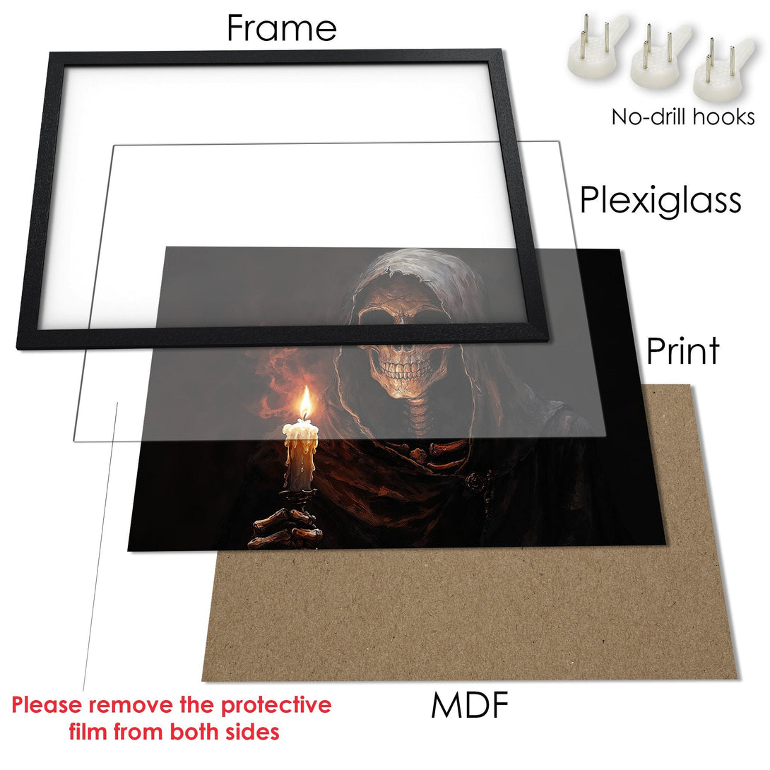 Framed Poster featuring a gothic skull with a candle, dark & moody color palette, perfect wall art.