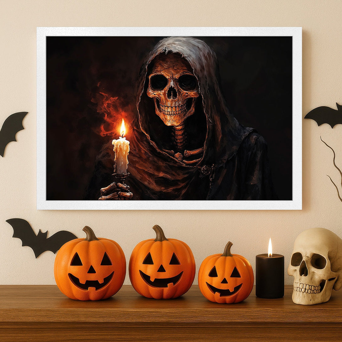 Framed Poster featuring a spooky skeleton with a candle, dark style, and a warm, Halloween color palette.