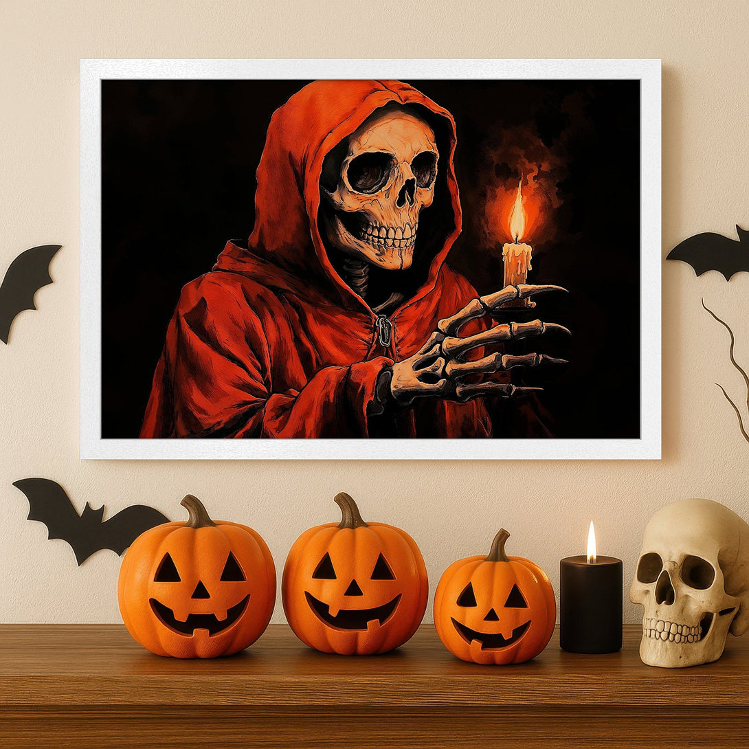 Framed Poster featuring a spooky skeleton in red, holding a candle. Dark, dramatic style with orange and black color palette. Perfect Halloween decor!