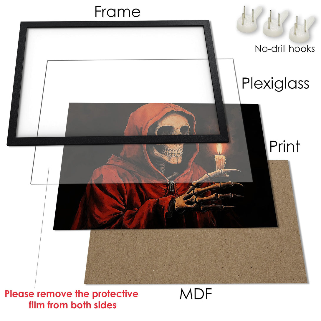 Framed Poster featuring a gothic skeleton in red, dark art style. Rich red and black color palette. Perfect wall art!