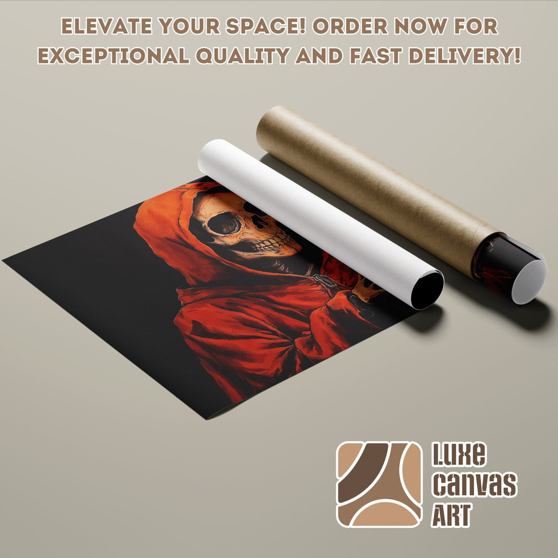Poster Roll featuring a Grim Reaper in red, black, and beige. Perfect wall art for your space.