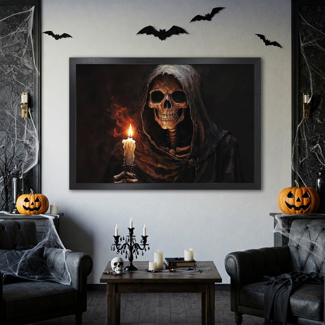Framed Poster featuring a spooky skull holding a candle. Dark, gothic style with orange and black color palette. Perfect Halloween decor!