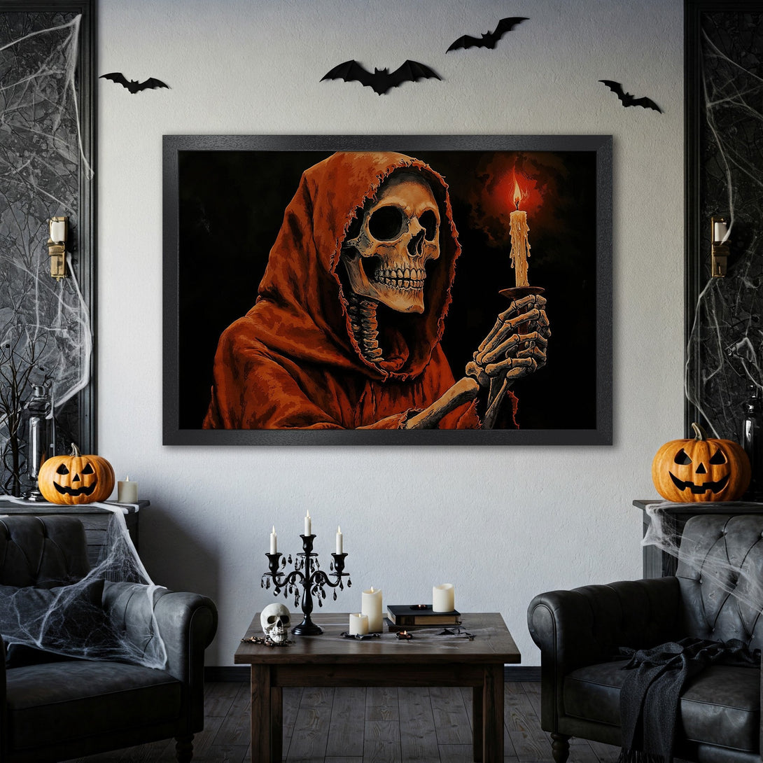 Framed Poster featuring a spooky skeleton in a red hood, holding a candle. Dark, gothic style with orange, black, and white color palette. Perfect Halloween decor!