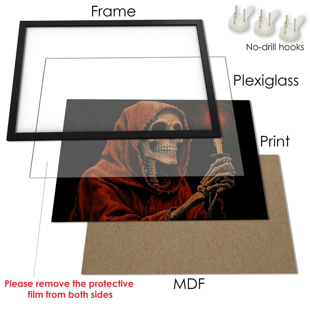 Framed Poster featuring a skeletal figure in a red cloak, dark art style, with a black, red, and brown color palette.