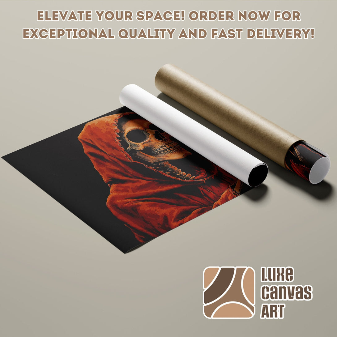 Poster Roll featuring a skull in a red cloak, dark art style, with a black, red, and brown color palette.