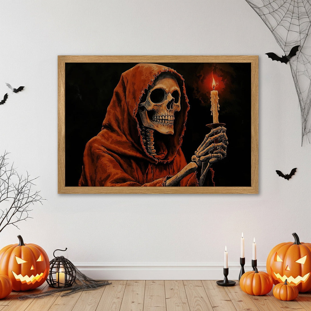 Framed Poster featuring a spooky skeleton in a red hooded robe, dark & orange color palette. Perfect Halloween decor!