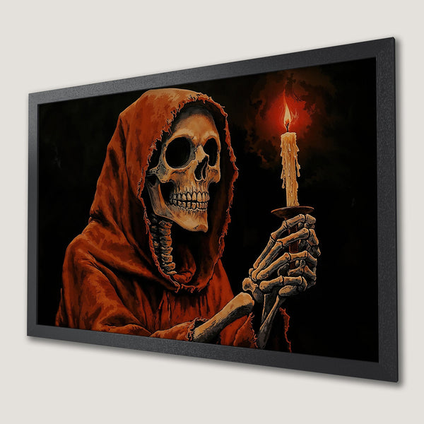 Framed Poster featuring a skeleton in a red robe holding a candle. Gothic art style with a dark, warm color palette. Perfect Halloween decor!