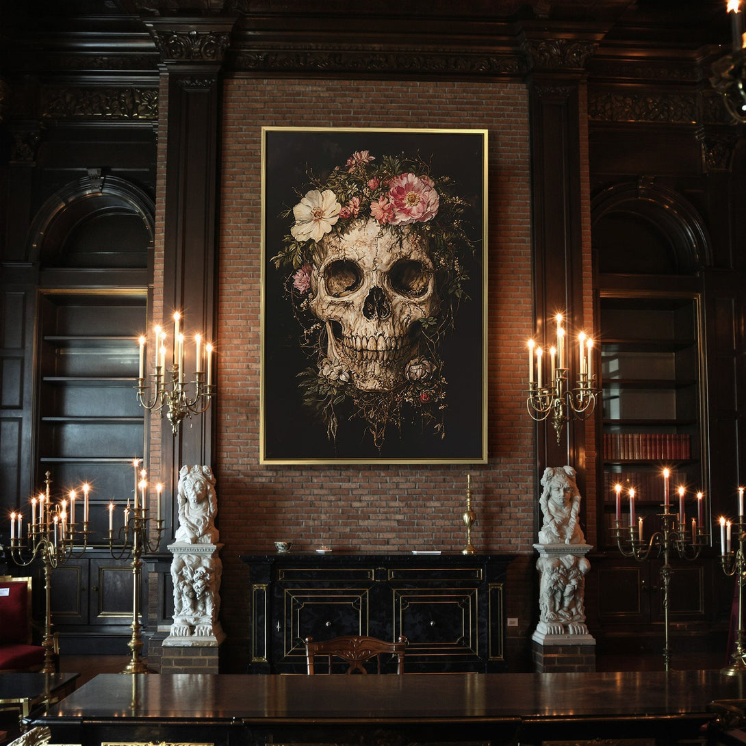 Canvas Print: Gothic skull art with floral crown. Dark, moody color palette. Perfect for Halloween decor or year-round statement piece.