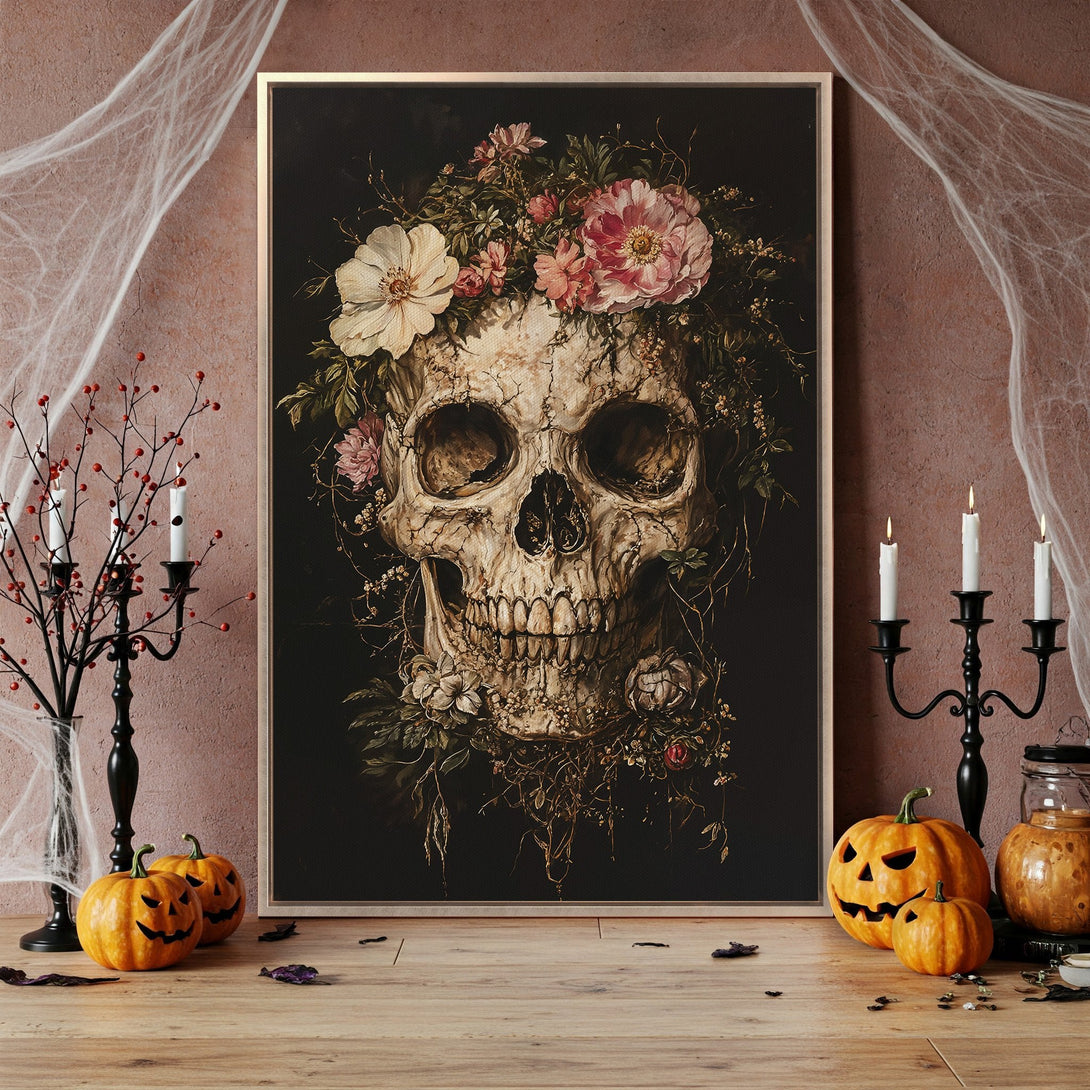 Framed Wall Art: Gothic skull with floral crown. Dark, moody color palette with pops of pink and cream. Perfect Halloween decor!