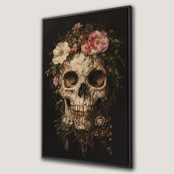 Framed Wall Art Canvas Print featuring a skull adorned with flowers. Dark, gothic style with a muted, earthy color palette. Perfect for unique home decor.