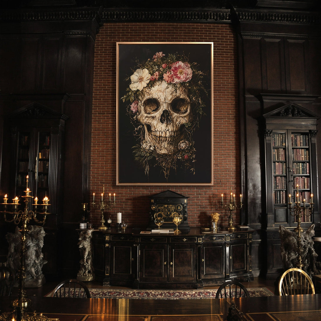 Framed Wall Art: Skull Canvas Print in a dark, gothic interior. Features a skull with floral crown, dark & moody color palette. Perfect for unique home decor.