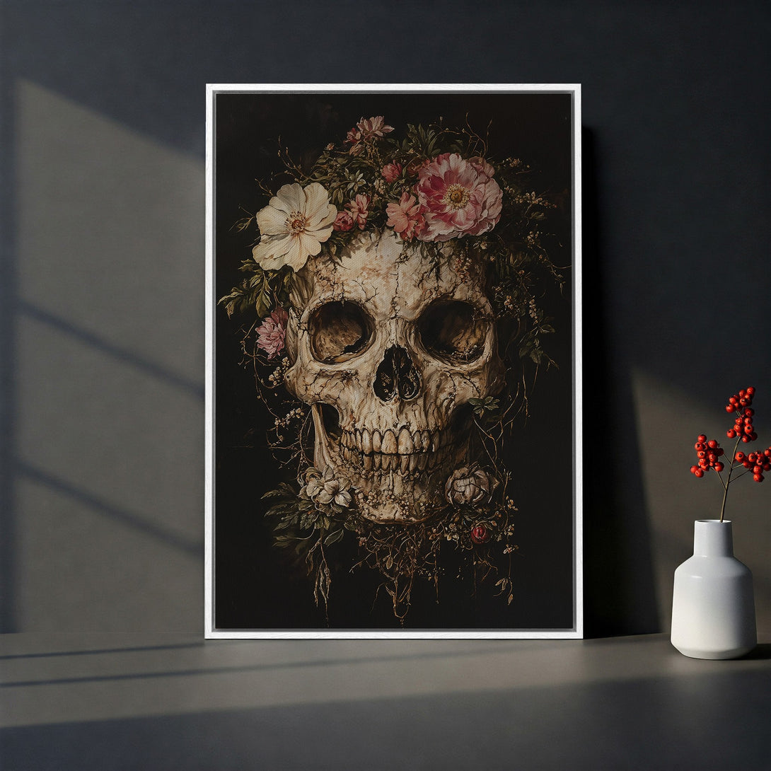 Framed Wall Art: Gothic skull with floral crown, dark moody aesthetic. Canvas Print in neutral tones, perfect for adding a touch of dark elegance to any space.