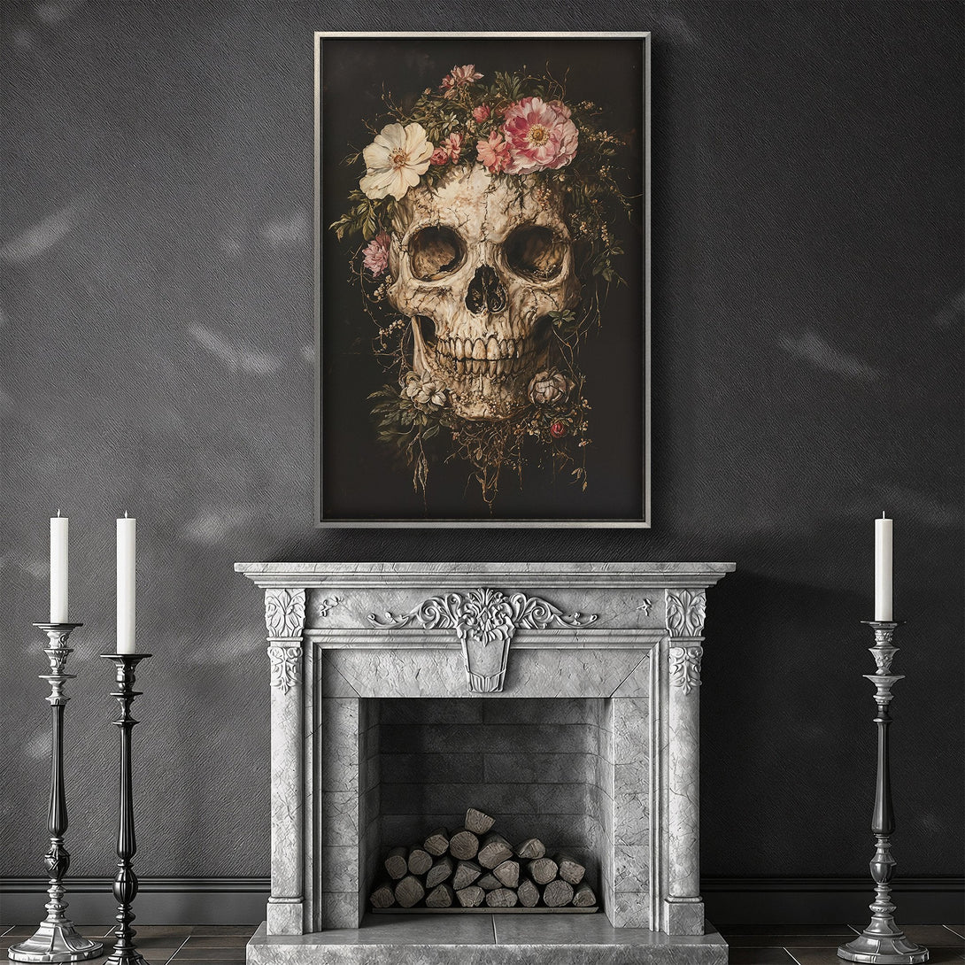 Framed Wall Art featuring a skull with floral crown, dark and moody aesthetic. Perfect for adding a touch of gothic elegance to your home decor.