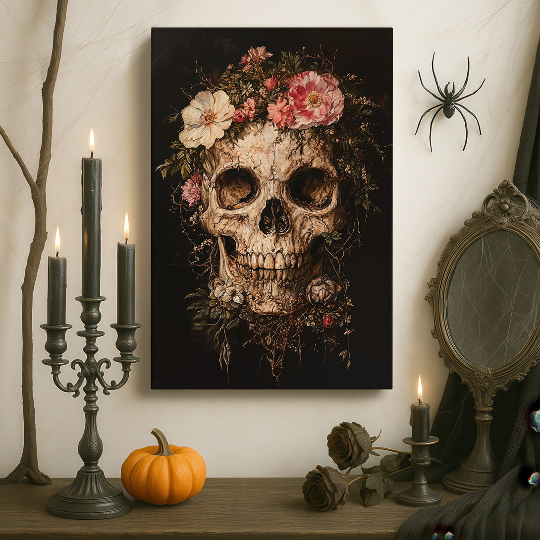 Framed Wall Art: Skull with floral crown, gothic style, dark & moody color palette. Perfect for adding a touch of edgy elegance to your home decor.