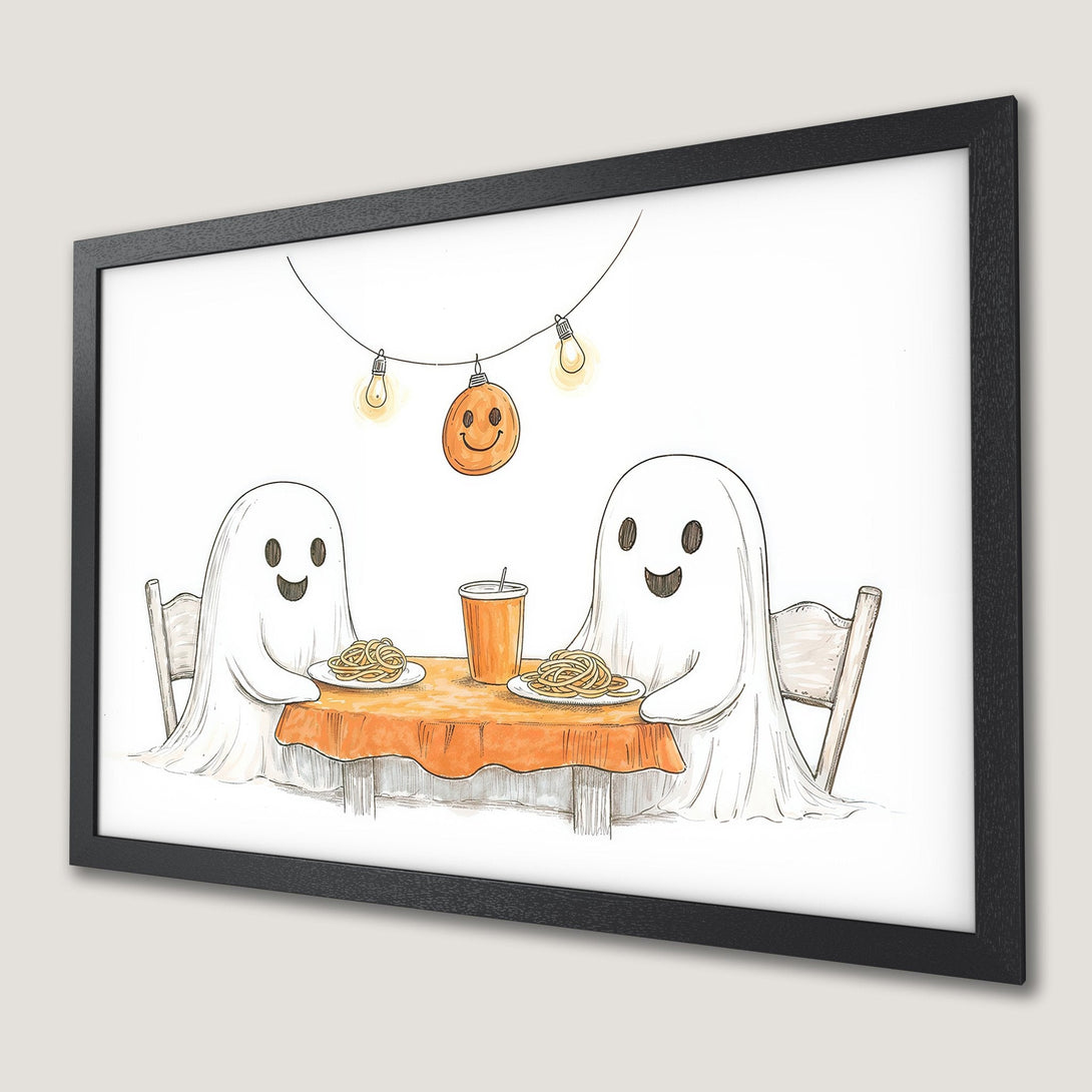 Framed Poster: Cute ghost illustration in black frame, orange, white, and black color palette. Perfect Halloween decor!