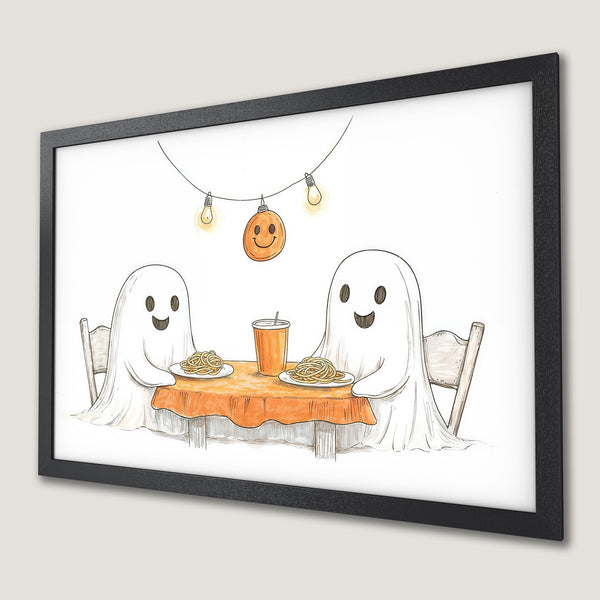 Framed Poster: Cute ghost illustration in black frame, orange, white, and black color palette. Perfect Halloween decor!
