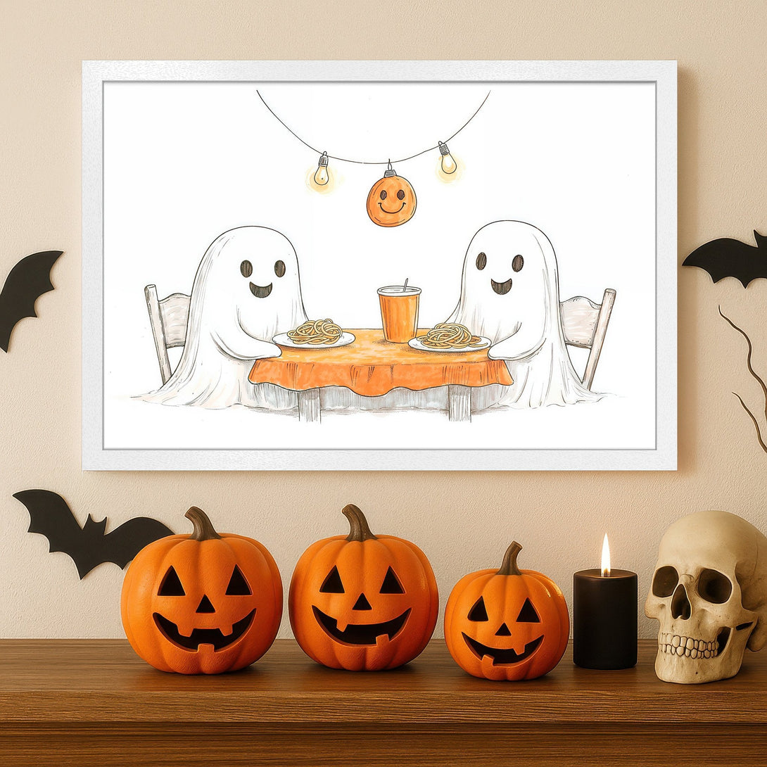 Framed Poster of cute ghosts enjoying spaghetti. Whimsical illustration in orange, black, and white. Perfect Halloween decor!