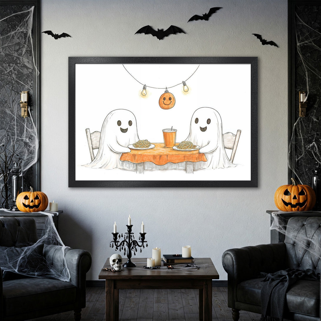 Framed Poster featuring cute ghosts enjoying a meal, Halloween style, with orange and black accents. Perfect spooky decor!