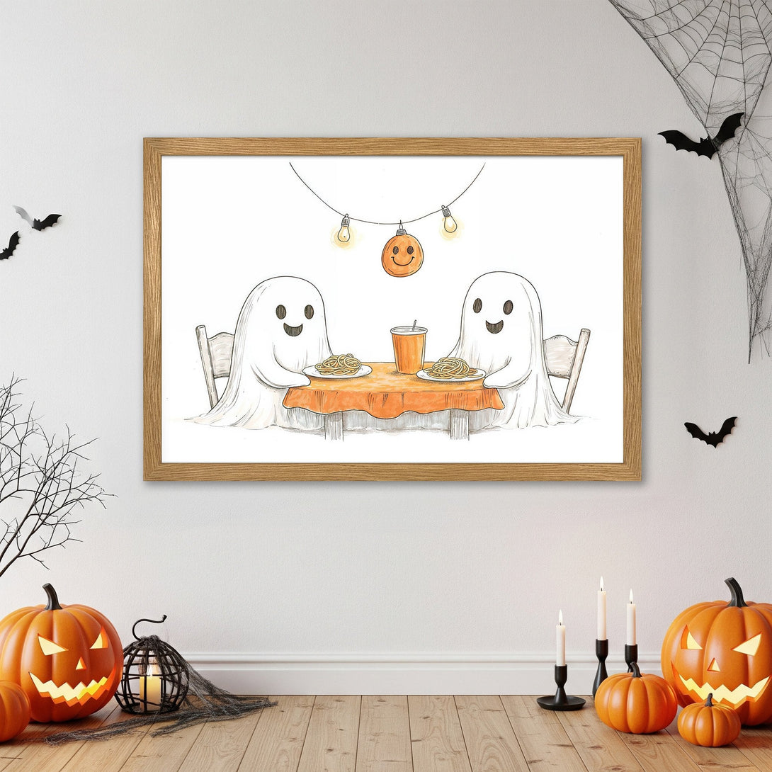 Framed Poster featuring cute ghosts enjoying a meal. Whimsical illustration with orange & white Halloween color palette. Perfect wall art!