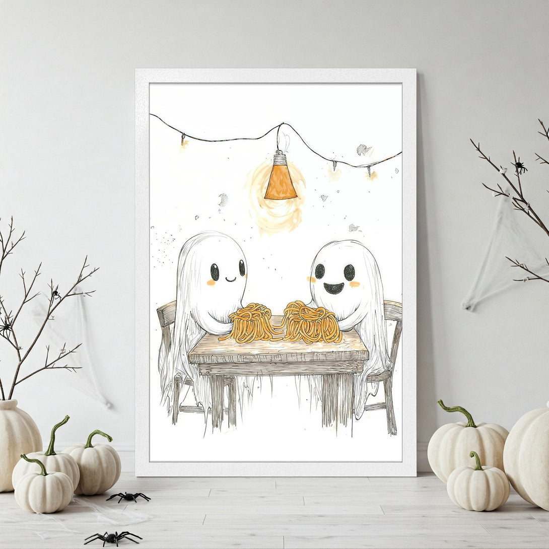 Framed Poster featuring cute ghosts enjoying spaghetti. Whimsical illustration in black, white, and orange. Perfect Halloween decor!