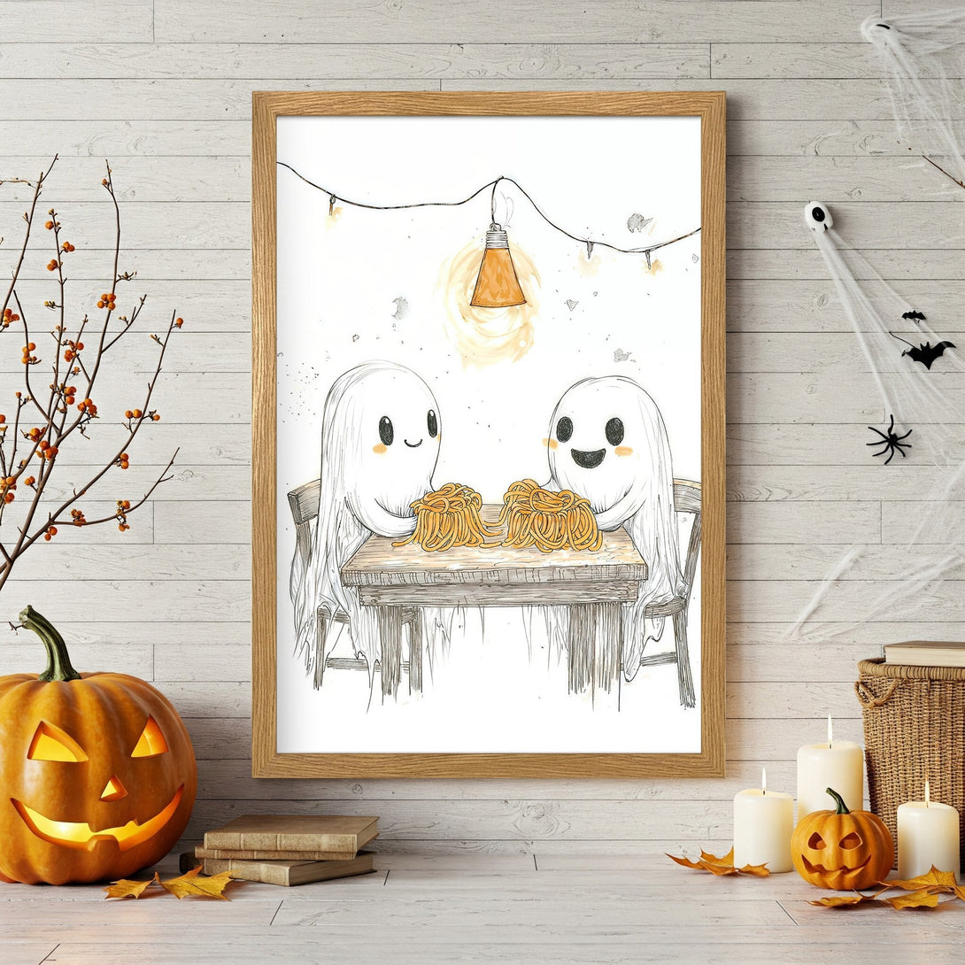 Framed Poster featuring cute ghost illustration in black and white with orange accents. Perfect Halloween decor!