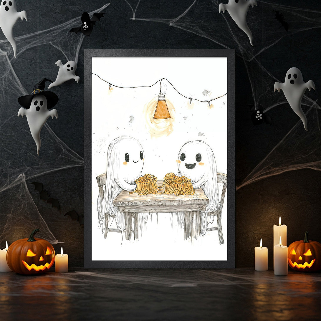 Framed Poster: Adorable Halloween ghosts enjoying spaghetti. Whimsical illustration in black, white, and orange. Perfect spooky decor!