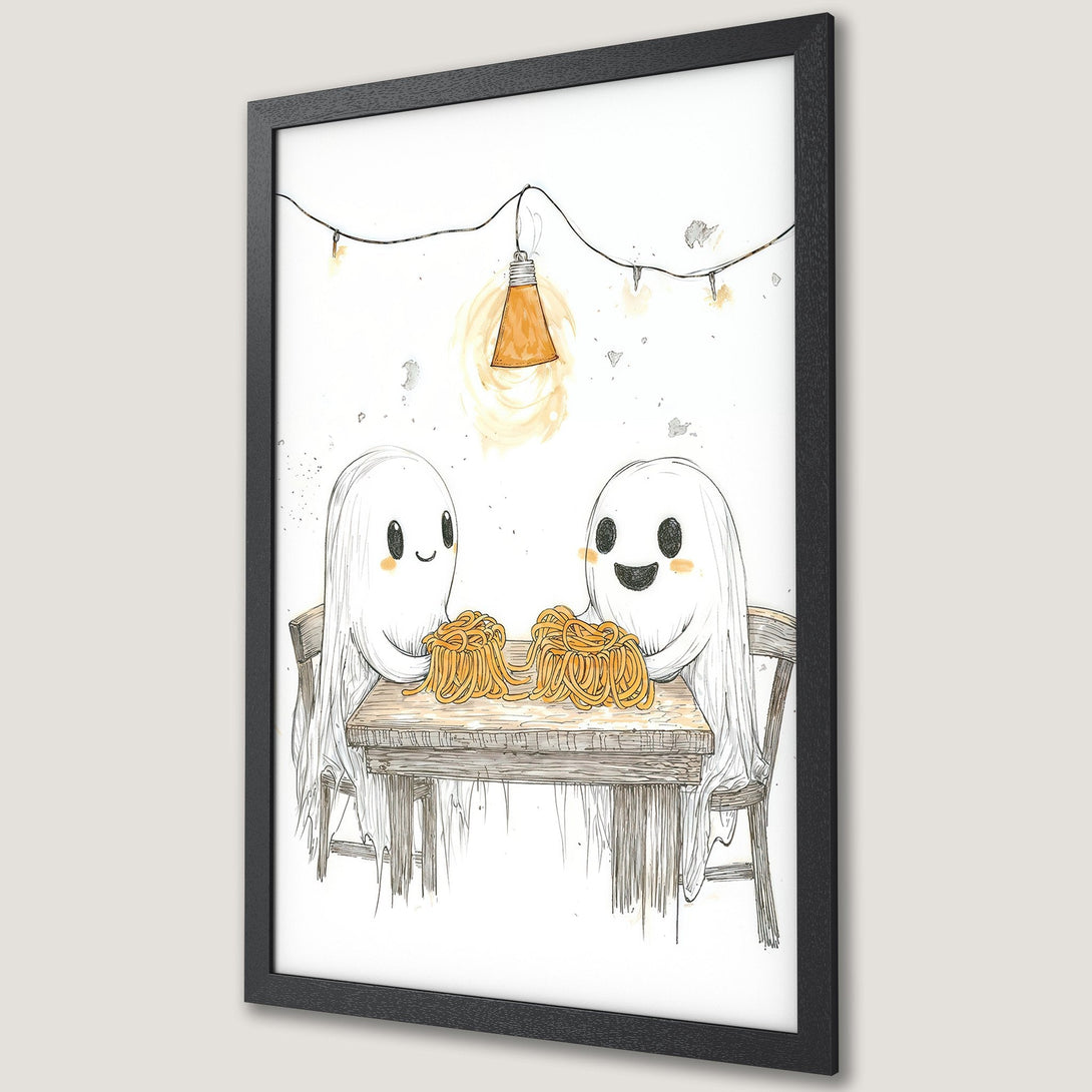 Framed Poster featuring cute ghosts enjoying spaghetti. Whimsical illustration with a warm, neutral color palette. Perfect wall art for a cozy space.
